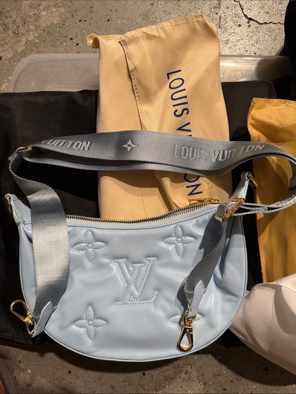 Louis Vuitton Light Blue Embossed Monogram Shoulder Bag with Branded Strap